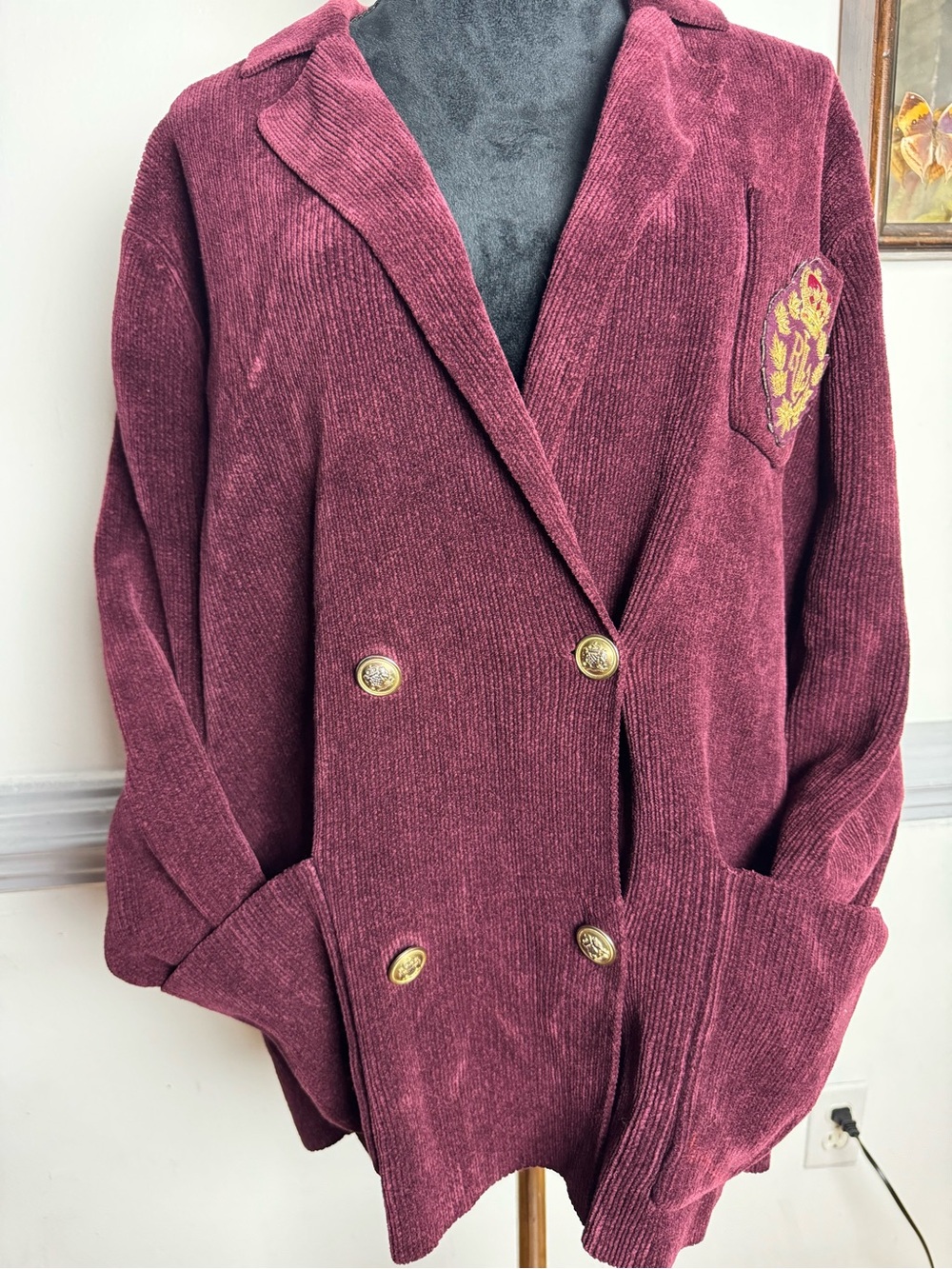 Ralph Lauren Double RL Burgundy Corduroy Double-Breasted Blazer with Crest - Picture 3 of 11